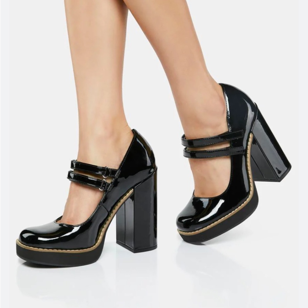 Steve Madden Black Patent Double-Strap Platform Mary Jane Heels